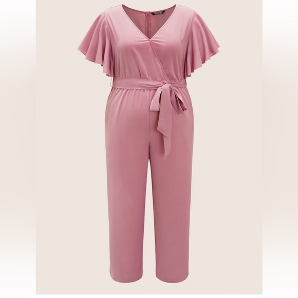 BloomChic Plus Size 6XL Anti-Wrinkle Plain Belted Flutter Sleeve Zipper Jumpsuit - Picture 5 of 7